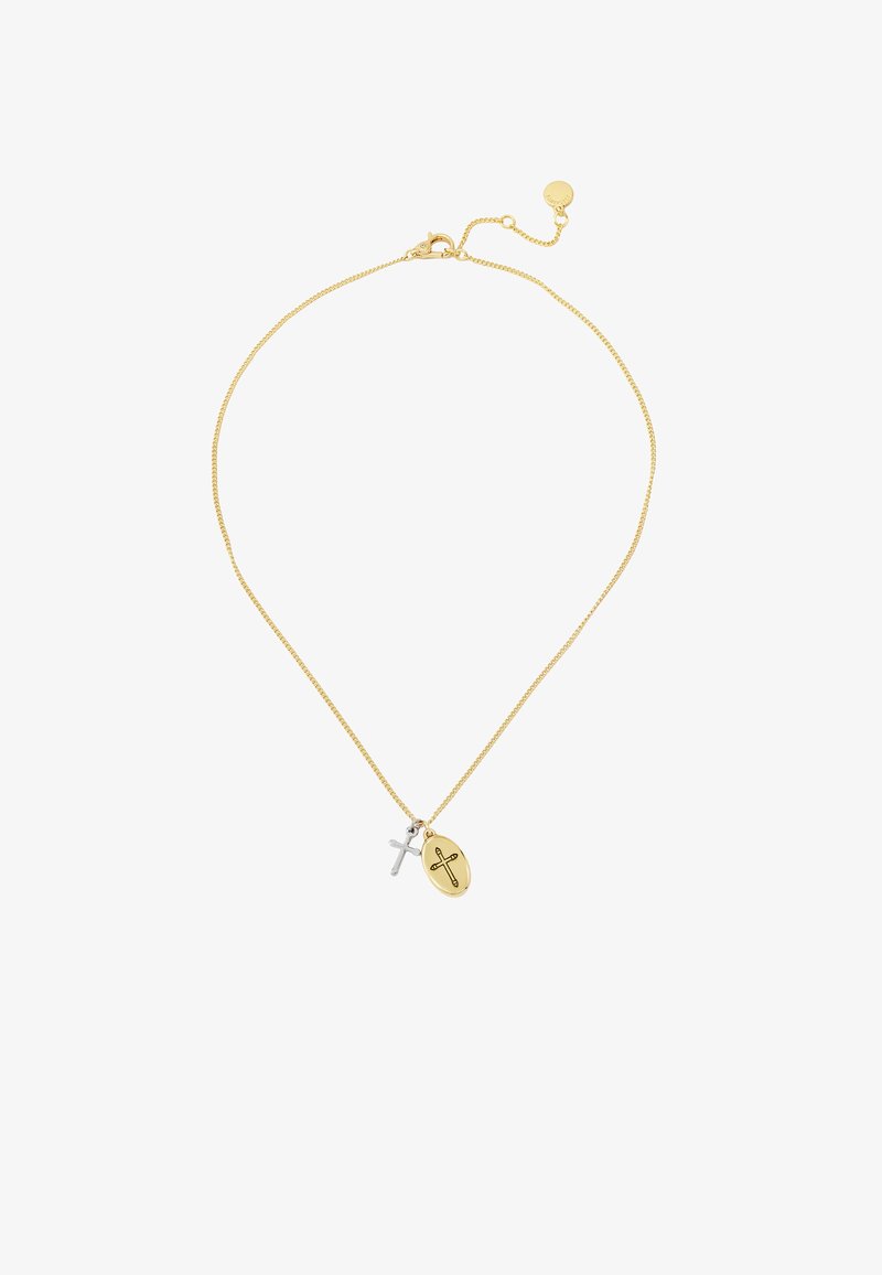 Collier en chaîne dorée avec un pendentif en croix argenté et un pendentif ovale doré au design de croix gravé, texture lisse et longueur ajustable.