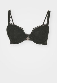 Reggiseno nero con dettagli in pizzo, coppe imbottite, supporto con ferretto, spalline regolabili e un piccolo gancio decorativo davanti.