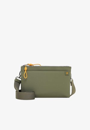 Olive green rectangular crossbody bag with front pocket, silver zipper, yellow zipper pull, and adjustable fabric strap.