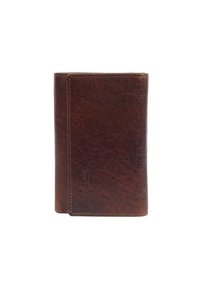 Brown leather wallet with a textured finish, featuring a vertical orientation, visible stitching, and a subtle embossed logo detail.