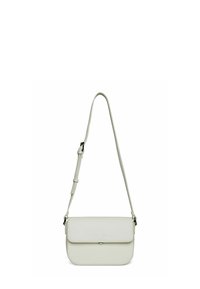 Borsa a tracolla in ecopelle verde chiaro, con forma rettangolare, chiusura a pattina, tracolla regolabile e logo impresso sul davanti.