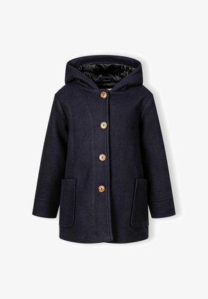 Manteau à capuche bleu marine en mélange de laine, doté de cinq boutons en bois sur le devant et de deux poches avant. Doublure intérieure lisse visible.