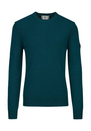Dunkelpetrolfarbener langärmeliger Strickpullover mit Rundhalsausschnitt und gerippten Bündchen und Saum, Vorderansicht auf weißem Hintergrund.