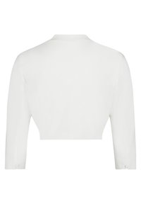Korte witte jas met lange mouwen, gladde textuur en knoopaccenten op de mouwmanchetten. Eenvoudig design met een ronde hals.