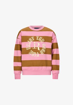 Wielokolorowy, różowo-brązowy sweter z paskami, zdobiony okrągłym nadrukiem tekstowym, z prążkowanymi mankietami i okrągłym dekoltem. Wykonany z miękkiej tkaniny.