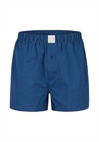 Blauwe boxershorts met strepen en een elastische tailleband, voorzien van een knoopsluiting aan de voorkant en een label in de taille. Gemaakt van zacht katoen.