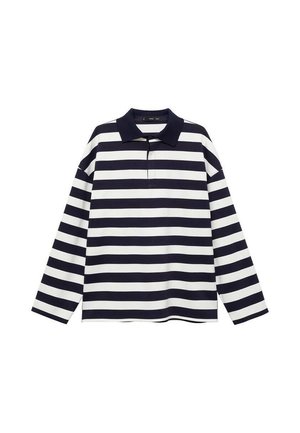 Polo à manches longues avec des rayures horizontales noires et blanches et un col noir, posé à plat sur un fond blanc.