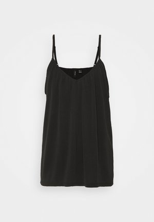 Black sleeveless camisole top with thin adjustable straps and subtle pleats near the neckline, hanging against a plain white background.