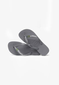 Infradito grigi in gomma con suole texturizzate, cinturini sottili e marchio Havaianas, con un piccolo logo verde e giallo.