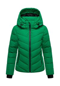 Veste d'hiver verte rembourrée avec capuche, fermeture éclair à l'avant, poches latérales zippées et poignets noirs.