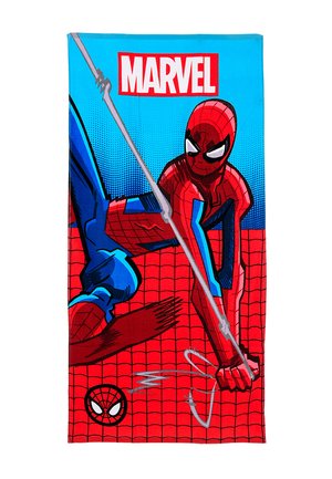 Spider-Man swinging on web against blue and red webbed background with bold red and white Marvel logo above him.