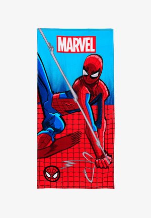 Spider-Man buja się na pajęczynie na tle niebiesko-czerwonej sieci z wyraźnym czerwono-białym logo Marvel nad nim.