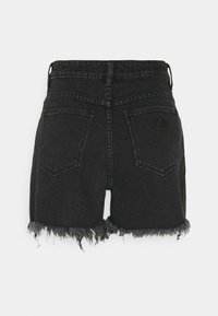 Black denim shorts with a frayed hem, high waist, five-pocket design, and a small triangular logo patch on the back pocket.