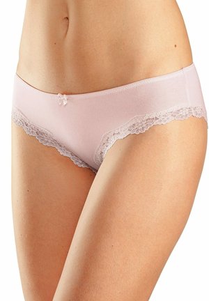 Light pink panties made of soft fabric with a scalloped lace trim, featuring a small bow at the front.