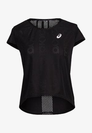 Schwarzes Sportshirt mit kurzen Ärmeln, Mesh-Akzenten und einem abgerundeten Saum. Verfügt über strukturierte Punkte und ein Logo auf der Vorderseite.