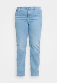 Jeans in denim azzurro chiaro con un design a gamba dritta, tasche anteriori e chiusura con zip. Il tessuto ha una texture liscia con un leggero sbiadimento.