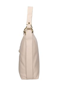 Borsa beige con una texture liscia, dotata di una base piatta, pieghe laterali e un manico corto imbottito fissato da anelli in tonalità oro.