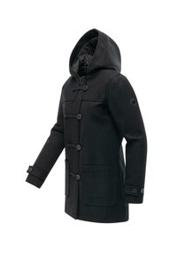 Svart ullrock med huva, toggelknappar, två framfickor och knäppta ärmar. Slät textur och strukturerad design.