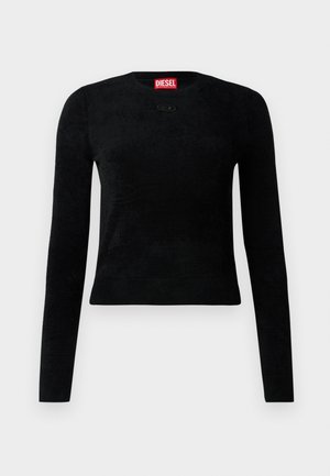 Crni dugi rukav uski pulover sa okruglim izrezom, teksturirana tkanina, mali ovalni logotip na prsima i crvena Diesel oznaka unutar ovratnika.