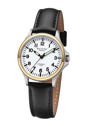 Montre ronde avec cadran blanc, chiffres arabes noirs, aiguilles lumineuses, boîtier en acier inoxydable avec lunette dorée, et bracelet en cuir noir.