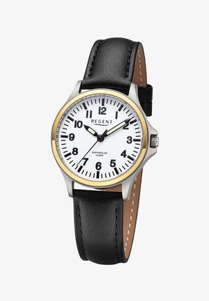 Montre ronde avec cadran blanc, chiffres arabes noirs, aiguilles lumineuses, boîtier en acier inoxydable avec lunette dorée, et bracelet en cuir noir.