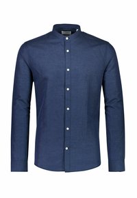 Marineblauwe lange mouw shirt met een mandarinnek, gemaakt van gestructureerde stof, met een voorste knoopsluiting en subtiele stikdetails.