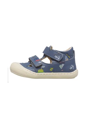 Sandalo azzurro per bambino piccolo con suola in gomma bianca, stampe a tema nautico e doppie fasce in Velcro per una calzata sicura e facile da indossare.