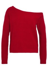 Czerwony dzianinowy sweter z opuszczanymi ramionami, długimi rękawami, prążkowaną fakturą i krótkim krojem, z szerokim dekoltem typu łódka i elastycznymi mankietami.