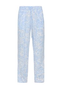 Pantalon bleu clair avec motifs floraux et enroulements blancs, taille élastique et cordon de serrage.