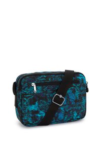 Sort og blåmønstret crossbody taske med lynlåslukning, justerbar rem og glat tekstur. Har sølv hardware accenter.