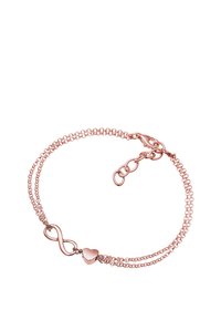 Rózsaarany karkötő dupla lánc kialakítással, végtelen jellel és szív alakú medállal. Simább felületű, nyakörv kapoccsal záródik.