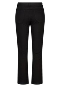 Jean en denim noir avec une coupe droite. Dispose de deux poches arrière et d'une taille avec passants de ceinture. Texture lisse et couleur uniforme.