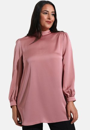 Long-sleeved, high-neck blouse in soft pink satin. Features gathered shoulders and cuffs, with a relaxed, slightly oversized fit.