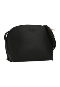 Borsa a tracolla in pelle nera con design arrotondato, zip in metallo dorato e logo in rilievo sul davanti. Presenta una tracolla sottile per il trasporto.