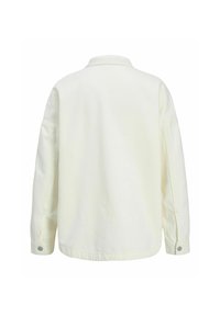 Camicia oversized color crema chiaro con colletto strutturato, maniche lunghe e polsini abbottonati. Tessuto morbido con una texture liscia.