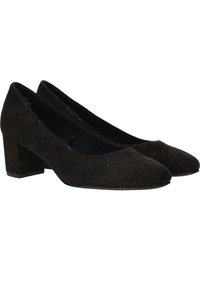 Zwarte suède pumps met een ronde neus, lage blokhak en een textuur met metallic spikkels. Gladde binnenvoering.