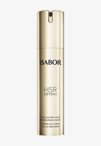 Gouden cilindrische fles met een pompje, gelabeld "Babor HSR Lifting," met anti-rimpelcrème voor hals en decolleté, met een gladde textuur.