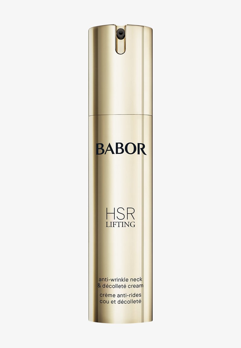 Gouden cilindrische fles met een pompje, gelabeld "Babor HSR Lifting," met anti-rimpelcrème voor hals en decolleté, met een gladde textuur.