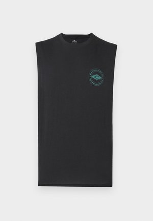 Czarna bezrękawnikowa koszulka z okrągłym turkusowym logo Rip Curl Surf Co. na lewej piersi.
