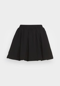 Zwarte, knielange rok met een gegathered ontwerp en een elastische tailleband, gemaakt van lichtgewicht stof met een gladde textuur.