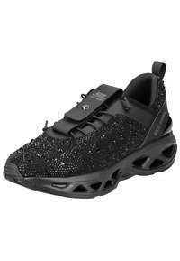 Zapatilla deportiva negra con un upper texturizado que presenta rhinestones, diseño de cordones, cuello acolchado y media suela con acentos recortados.