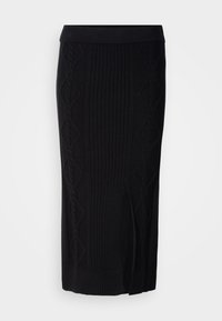 Jupe midi en tricot noir avec une texture côtelée et des motifs en diamant, ainsi qu'une fente sur le côté. Tissu doux avec une taille ajustée.