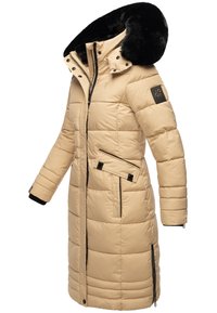 Beige puffer jacket with a detachable black faux fur hood. Features a zip front, quilted texture, and two zippered side pockets.