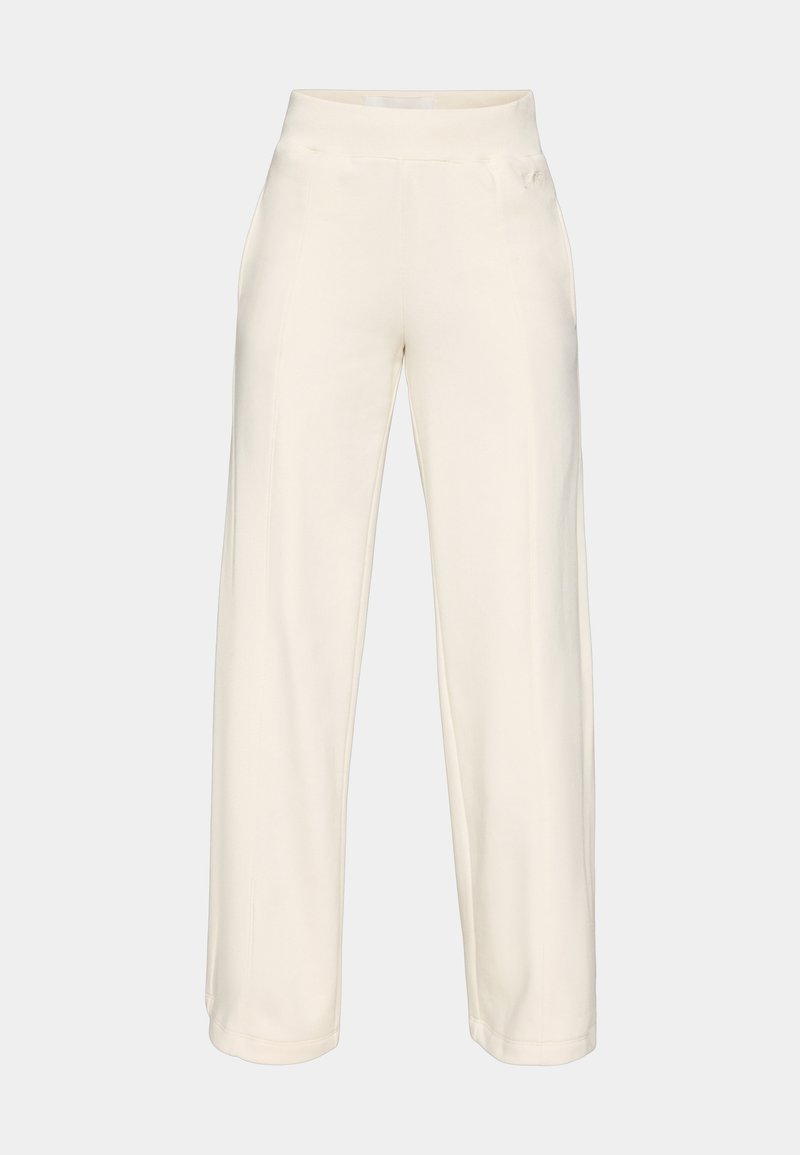 Pantaloni a gamba larga color crema con un alto cinturino elastico, realizzati in tessuto morbido e liscio, con dettagli sulle cuciture laterali.