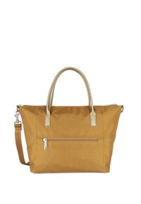 Borsa a tracolla gialla in nylon con due manici superiori, una tracolla staccabile e una tasca frontale con zip. Presenta dettagli in similpelle.