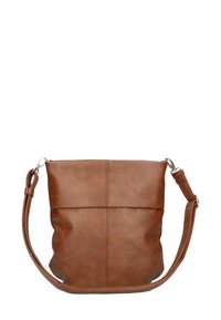 Braune Kunstleder-Schultertasche mit einem weichen, lässigen Design, einem langen Tragegurt und vertikalen Nähakzenten für zusätzliche Textur.