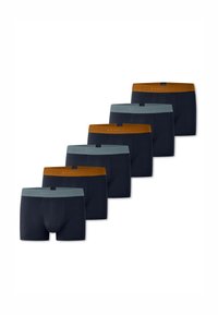 Boxer-briefs bleu foncé avec des ceintures contrastantes en bleu clair et orange. Tissu doux et extensible avec des détails de logo. Ensemble de sept.