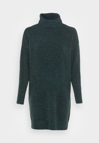 Maglione a collo alto verde scuro, realizzato in un tessuto lavorato a maglia. Presenta maniche lunghe, una vestibilità comoda e una texture a coste sul bordo.