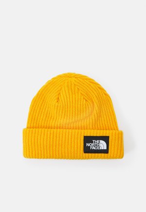 Beanie lavorato a maglia gialla con una texture a coste e un risvolto. Presenta una patch nera con il logo "The North Face".