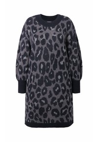 Gebreide sweaterjurk in grijstinten met een zwart luipaardpatroon. Beschikt over een ronde halslijn en ribgebreide cuffs voor textuur en pasvorm.